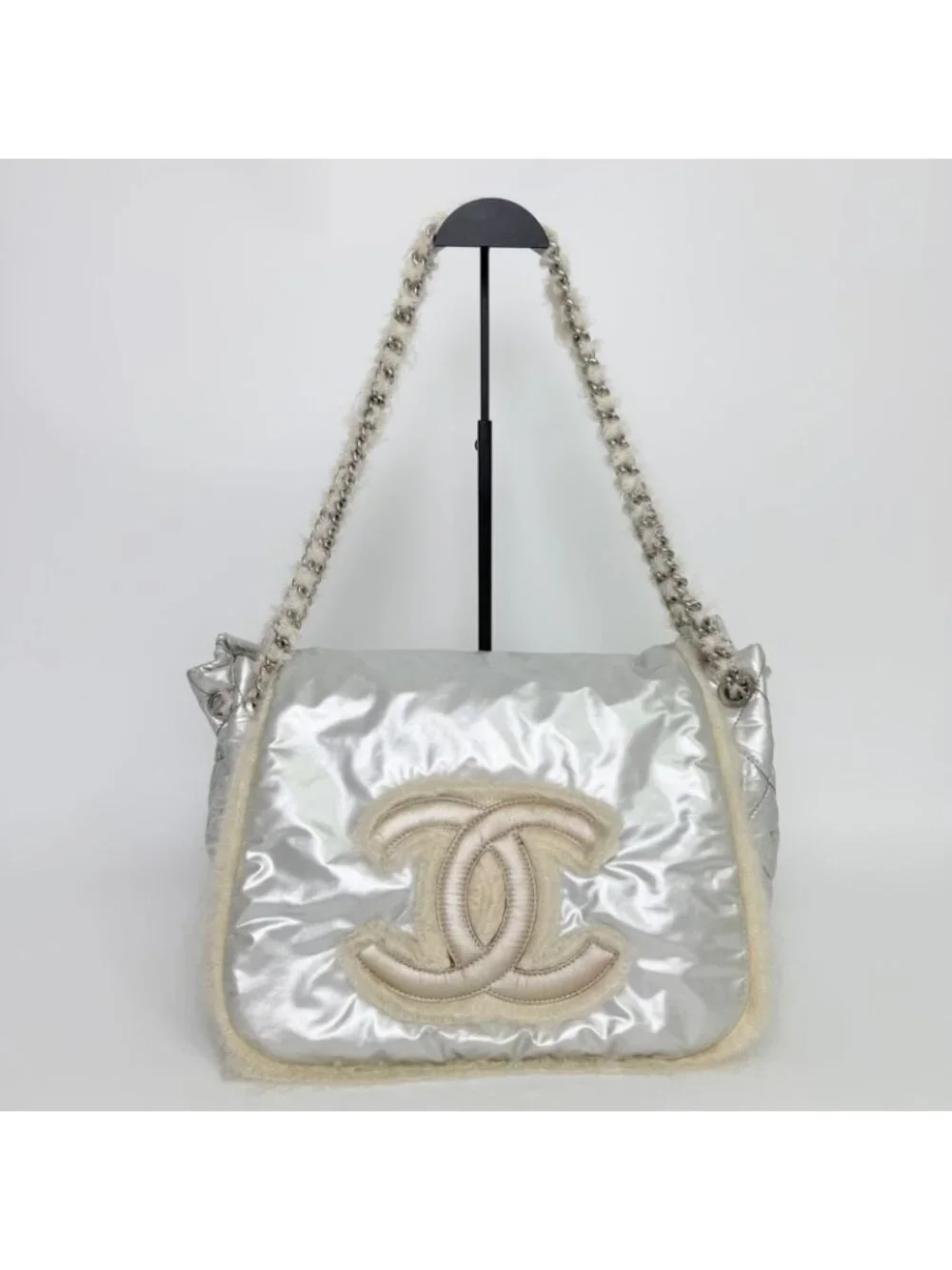 Chanel CC Logo Chain Tote Shoulder Bag Nylon Silver Ivory Seal Vintage